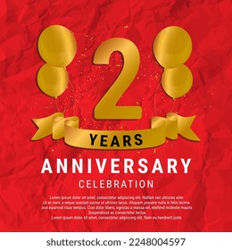 2 Years Anniversary celebration. Luxury happy birthday card background with elements balloons and ribbon with glitter effects. Abstract Red with Confetti and Golden Ribbon. Vector Illustration EPS10