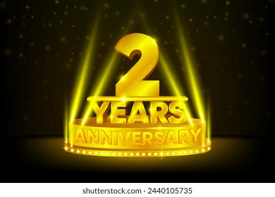 2 Years Anniversary Celebration. Anniversary podium. Anniversaries concept. Gold stage on black background. Vector illustration.