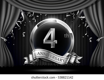 2 years anniversary celebration. with silver ribbon. Curtain background and light shine.