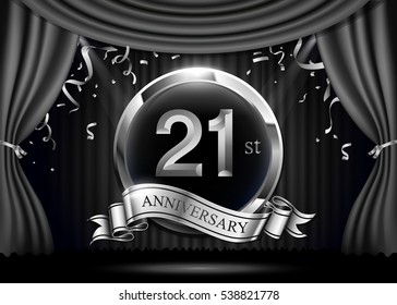 2 years anniversary celebration. with silver ribbon. Curtain background and light shine.