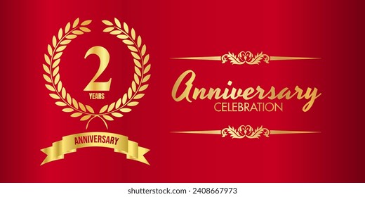 2 years anniversary celebration. Vector design template. golden vector design for brochure, poster,celebration invitation or greeting card with red background