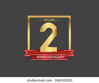 2 years anniversary design logotype golden color with square and red ribbon for celebration event isolated on black background