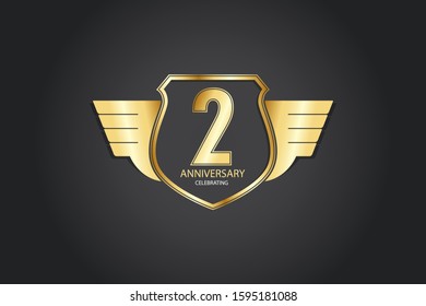 2 years anniversary design logotype 3D golden stylized modern shape winged shield on black background for celebration event