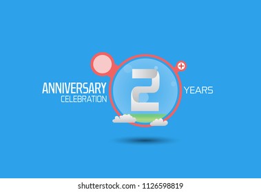 2 years anniversary design with pop art style red circle and cloud isolated on blue background