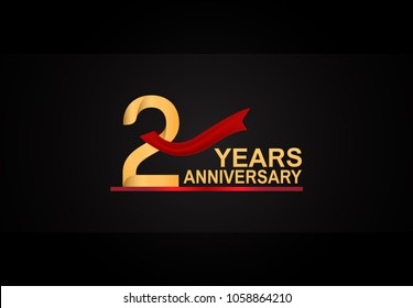 2 years anniversary design with red ribbon and golden color isolated on black background
