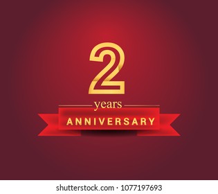 2 years anniversary design with red ribbon and golden color isolated on red background, Design for anniversary celebration.