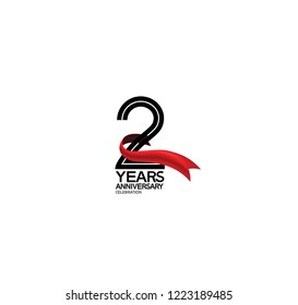 2 years anniversary flat black color and red ribbon isolated on white background