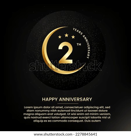 2 years anniversary with a half moon, stars, glitter and editable speech text. Golden half moon anniversary banner template with a golden number