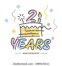 2 Years Anniversary handwritten typography lettering Greeting card with colorful big cake, sparkle firework, number, candle and confetti