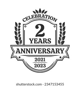 2 years anniversary icon or logo. Vintage birthday banner design. 2nd anniversary jubilee celebration badge or label. Vector illustration.