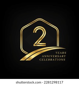 2 years anniversary. Lined gold hexagon and curving anniversary template.