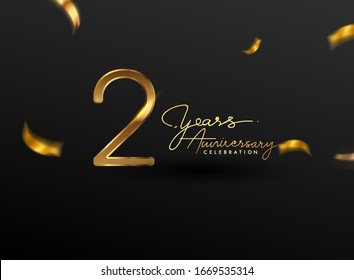 2 Years Anniversary Logo with Confetti Golden Colored isolated on black background, vector design for greeting card and invitation card