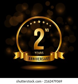 2 years anniversary logo with golden ring and ribbon for booklet, leaflet, magazine, brochure poster, banner, web, invitation or greeting card. Vector illustrations.