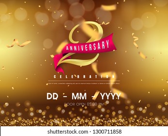 2 years anniversary logo template on gold background. 2nd celebrating golden numbers with red ribbon vector and confetti isolated design elements