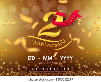 2 years anniversary logo template on gold background. 2nd celebrating golden numbers with red ribbon vector and confetti isolated design elements