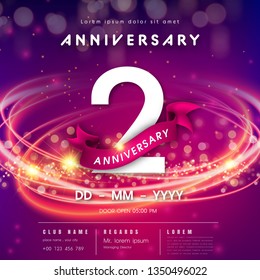 2 years anniversary logo template on purple Abstract futuristic space background. 2nd modern technology design celebrating numbers with Hi-tech network digital technology concept design elements.