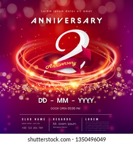 2 years anniversary logo template on red and pink Abstract futuristic space background. 2nd modern technology design celebrating numbers with Hi-tech network digital technology concept design elements