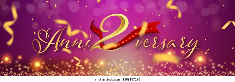 2 years anniversary logo template on gold and purple background. 2nd celebrating golden numbers with red ribbon vector and confetti isolated design elements