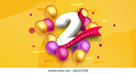 2 years anniversary logo template design on yellow background and balloons. 2nd anniversary celebration background with red ribbon and balloons. Party poster or brochure template. Vector illustration.