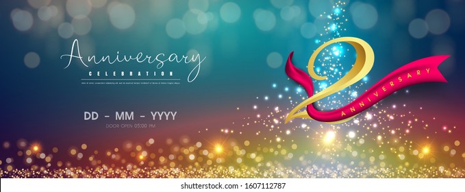 2 years anniversary logo template on gold and blue background. 2nd celebrating golden numbers with red ribbon vector and confetti isolated design elements