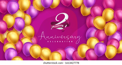 2 years anniversary logo template design on pink background and balloons. 2nd anniversary celebration background with pink ribbon and balloons. Party poster or brochure template. Vector illustration.