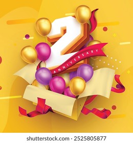2 years anniversary logo template design on gift box, yellow background and balloons. 2nd anniversary celebration background with red ribbon and balloons. gift box idea for anniversary invitation card