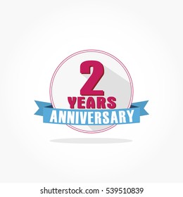 2 years anniversary logo vector on flat design white circle with pink number and pink frame with blue ribbon and shadow effect