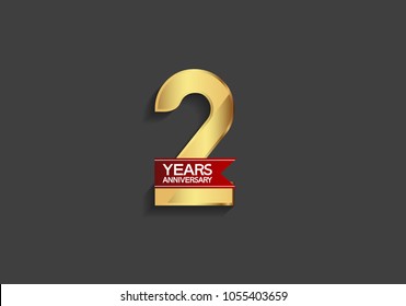 2 years anniversary simple design with golden color and red ribbon isolated on black background for celebration event