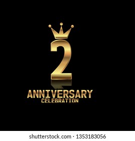 2 years anniversary simple design with golden font and crown with reflection golden number. Elegant, simple, and luxury design. Design with shadow or reflection under number