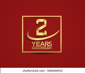 2 years anniversary with square and swoosh golden color isolated on red background for celebration
