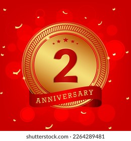 2 años de aniversario. Concepto de diseño de plantillas de aniversario con colores dorados y rojos , diseño para eventos, tarjeta de invitación, tarjeta de saludo, banner, afiche, volante, portada de libros e impresión. Vector Eps10