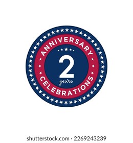 2 years anniversary. Anniversary template design, red and blue color with stars, design for event, invitation card, greeting card, banner, poster, flyer, book cover and print. Vector Eps10