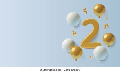 2 years birthday and second anniversary 3D background with big gold number two, flying balloons, curly ribbons and copy space. Realistic three dimensional vector illustration.