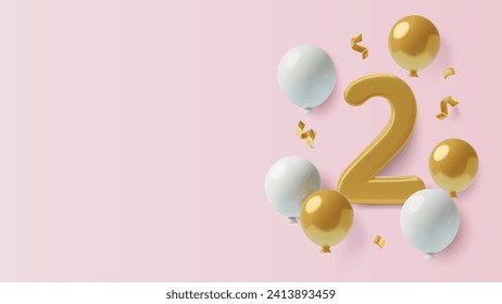 2 years girl's birthday banner on pink background with 3D gold number two, helium balloons, confetti and copy space. Second anniversary realistic three dimensional vector illustration.