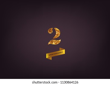 2 Years gold Anniversary logotype made from golden glitter isolated on black background for company celebration event, birthday