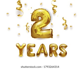 Globos de oro de 2 años. Cumpleaños de dos años. Balón de papel volador número 2 y confeti. Antecedentes de dos años. 3 quinquies de representación. Ilustración del vector