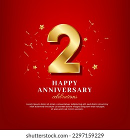 2 years of golden numbers, anniversary celebrating text, ad anniversary congratulation text with golden confetti spread on a red background