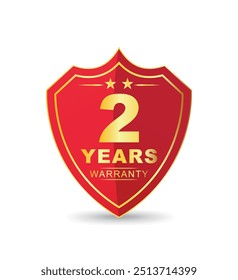 2 Years warranty badge in red and gold color, warranty label with shield and star signs, sale promotion warranty badge