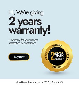 2 years Warranty card. Two years warranty stamp, badge, label in golden and black colour with light cyan background. Warranty card, stamp, label design. A warranty for your utmost satisfaction