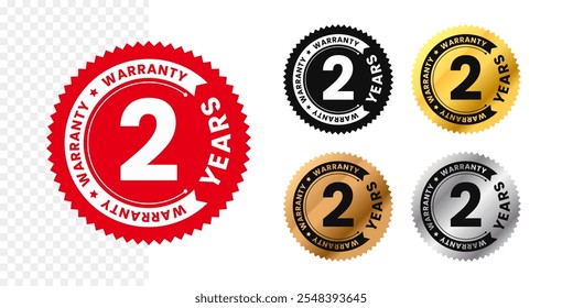 2 years warranty in circle. Two years warranty with circular text. Red, black, gold, silver, bronze premium color. For sticker, label, badge, icon, sign, emblem, stamp, logo, tag, seal, symbol. Vector