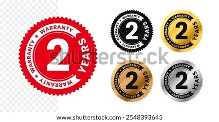 2 years warranty in circle. Two years warranty with circular text. Red, black, gold, silver, bronze premium color. For sticker, label, badge, icon, sign, emblem, stamp, logo, tag, seal, symbol. Vector