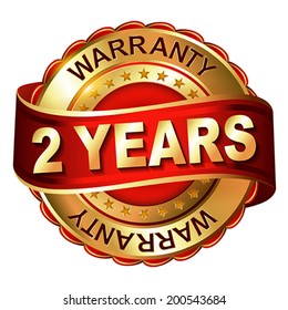 2 years warranty golden label with ribbon.  Vector illustration.