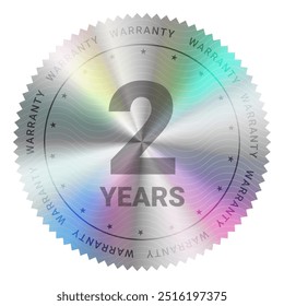 2 anos de garantia etiqueta holográfica etiqueta Sticker.Circle serrilhada etiqueta holograma borda. original original genuína qualidade premium Vetor com folha iridescente adesivo filme selo certificado, selo brilhante premium