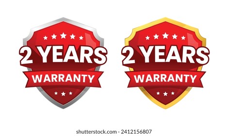 2 years warranty label or badge design, with a minimalist and shiny red shield icon isolated. Vector Illustration