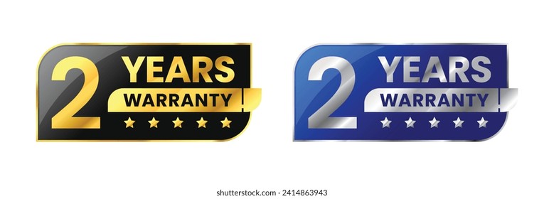 2 Years warranty label, badge, icon, logo. Parallelogram rhombus shape with gold and silver color. Vector Illustration