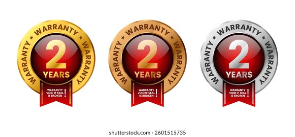 2 years warranty label. For icon, logo, insigna, seal, tag, sign, seal, symbol, badge, stamp, sticker, emblem, banner. Gold, silver and bronze glossy shiney medals with ribbon set vector illustration