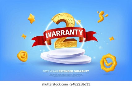 2 years warranty label vector illustration. 3d two years guarantee insurance on light blue background. Warranty service security products. Golden number one with red ribbon on podium.