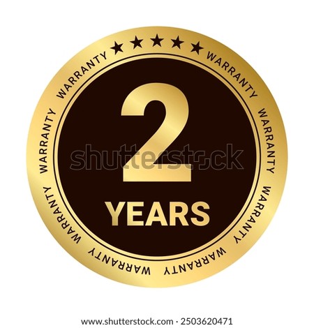 2 years warranty labels. Two Years warranty Sticker label in golden color. Warranty stamp  for service provider. Gold Stars and two years text label, tag or stamp Premium Quality warranty badge