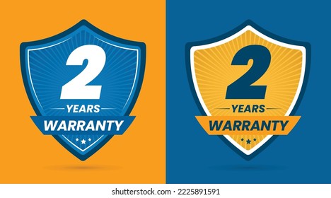 2 Years warranty in yellow and Blue background. 2 Years warranty logo. 2 Years warranty badge.