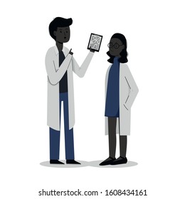 2 young black doctors or scientists. Achievements of blacks. A man and a woman in blown robes. Vector flat illustration. Isolated. White background